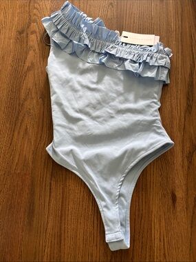 NEW with tags Endless Rose Pale Blue One-Shoulder Ruffle Bodysuit